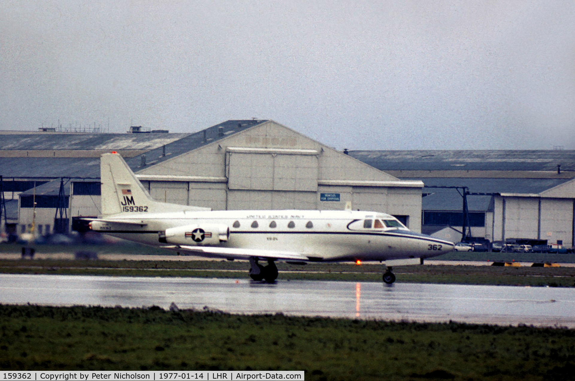 159362, North American Rockwell CT-39G Sabreliner C/N 306-66, CT-39G Sabreliner of VR-24 based at NAS Sigonella taxying at Heathrow in January 1977.