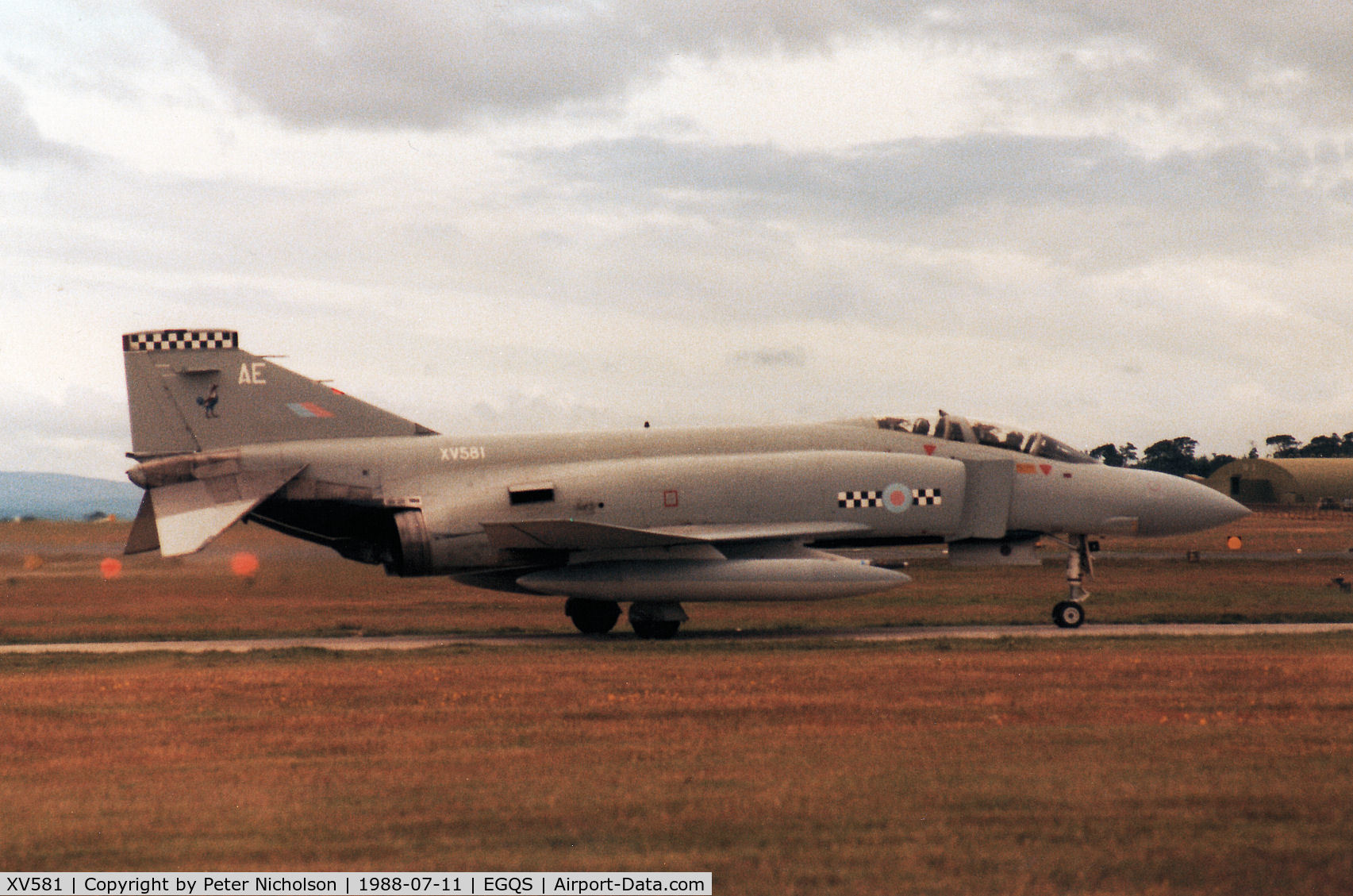 XV581, 1969 McDonnell Douglas Phantom FG1 C/N 3235/9335, Phantom FG.1 of 43 Squadron at RAF Leuchars awaiting clearance to join the active runway at RAF Lossiemouth in the Summer of 1988.