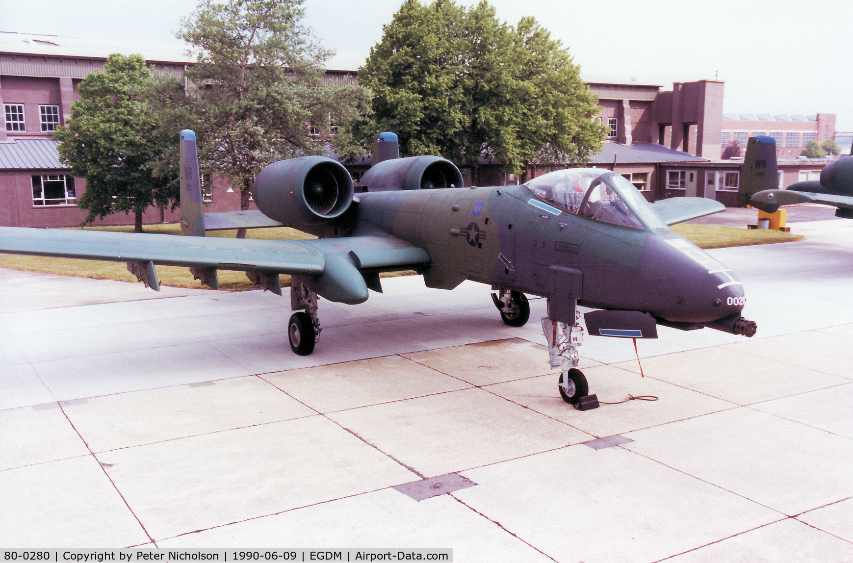 80-0280, 1980 Fairchild Republic A-10A Thunderbolt II C/N A10-0630, A-10A Thunderbolt, callsign Bison 34, of 91st Tactical Fighter Squadron/81st Tactical Fighter Wing on the flight-line at the 1990 Boscombe Down Battle of Britain 50th Anniversary Airshow.