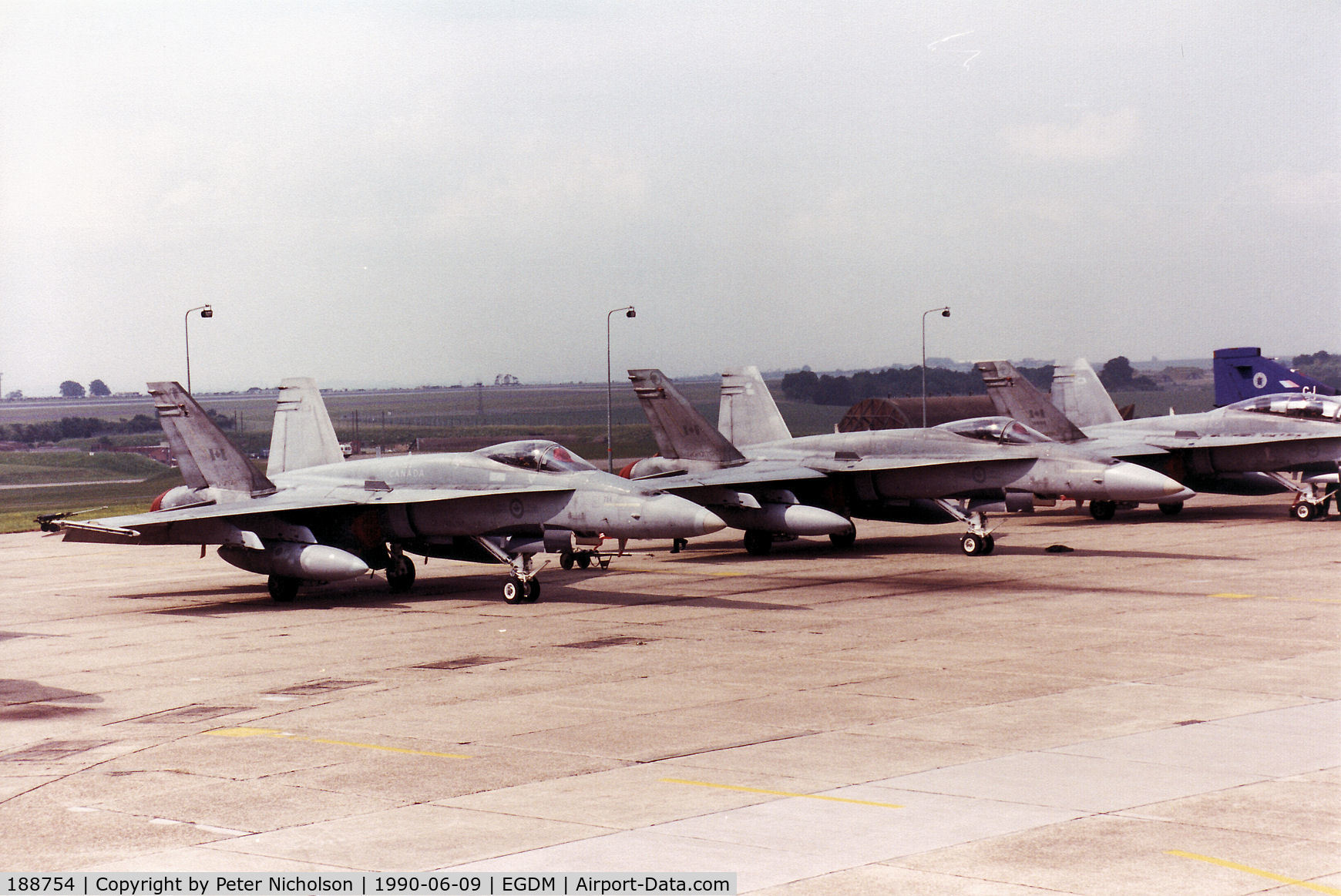 188754, McDonnell Douglas CF-188A Hornet C/N 0377/A316, CF-18A Hornet of 421 Squadron Canadian Armed Forces alongside 188767 of 409 Squadron on the flight-line at the 1990 Boscombe Down Battle of Britain 50th Anniversary Airshow.