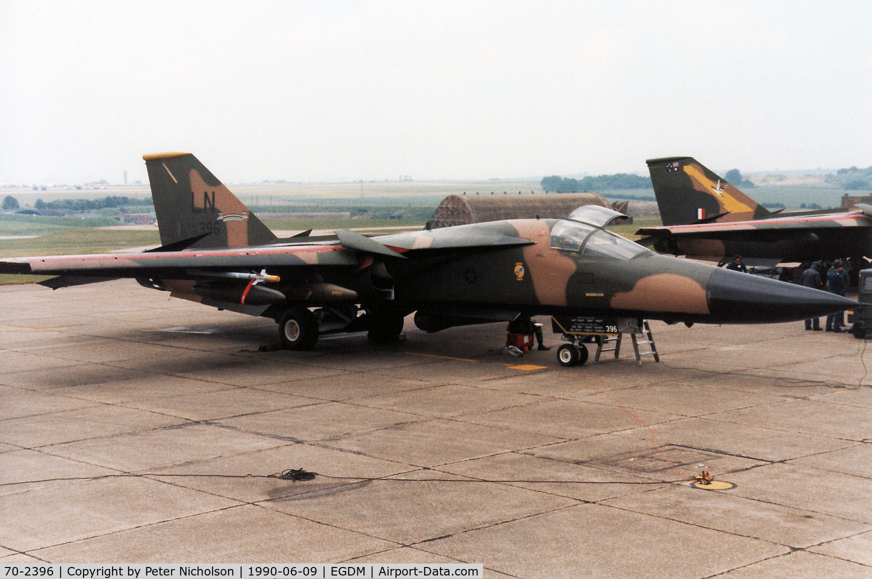 70-2396, 1970 General Dynamics F-111F Aardvark C/N E2-35, F-111F, callsign Topcat 31, of 493rd Tactical Fighter Squadron/48th Tactical Fighter Wing on the flight-line at the 1990 Boscombe Down Battle of Britain 50th Anniversary Airshow.