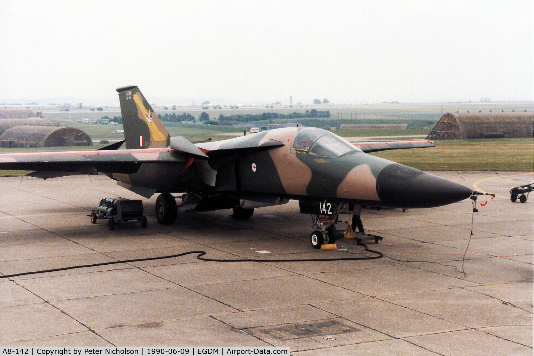 A8-142, 1973 General Dynamics F-111C Aardvark C/N D1-18, F-111C, callsign Embassy 211, of 1 Squadron Royal Australian Air Force on the flight-line at the 1990 Boscombe Down Battle of Britain 50th Anniversary Airshow.
