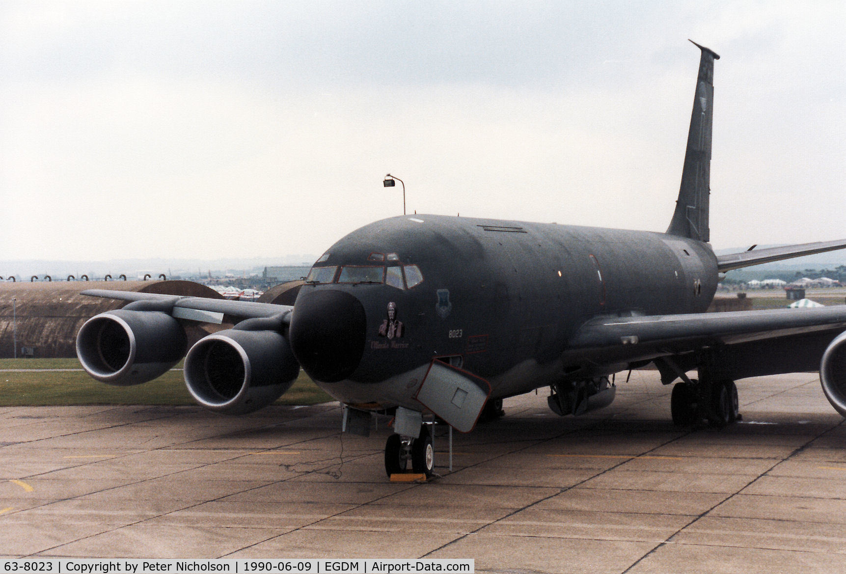 63-8023, 1963 Boeing KC-135R Stratotanker C/N 18640, KC-135R Stratotanker named Ultimate Warrior, callsign Quid 05, of 305th Air Refuelling Wing on the flight-line at the 1990 Boscombe Down Battle of Britain 50th Anniversary Airshow.
