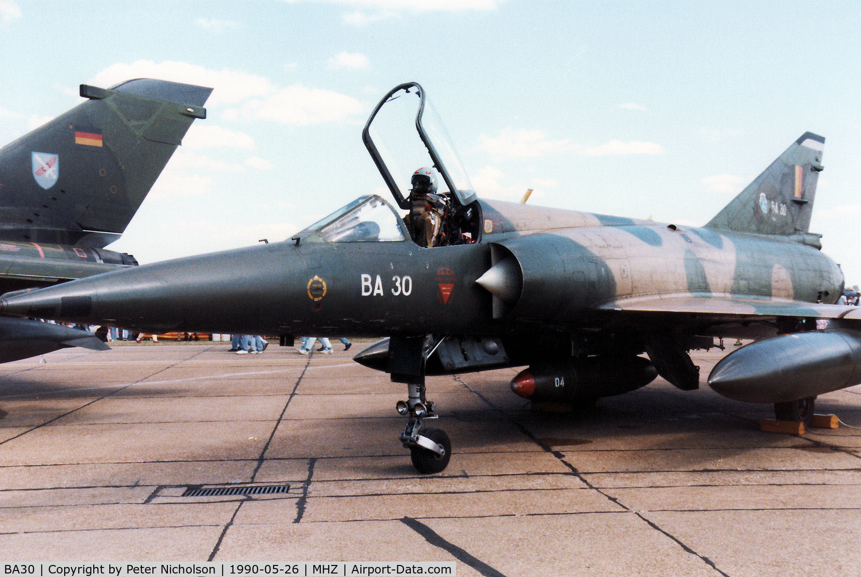 BA30, SABCA Mirage 5BA C/N 30, Mirage 5BA of 8 Squadron Belgian Air Force in the static park at the 1990 RAF Mildenhall Air Fete.