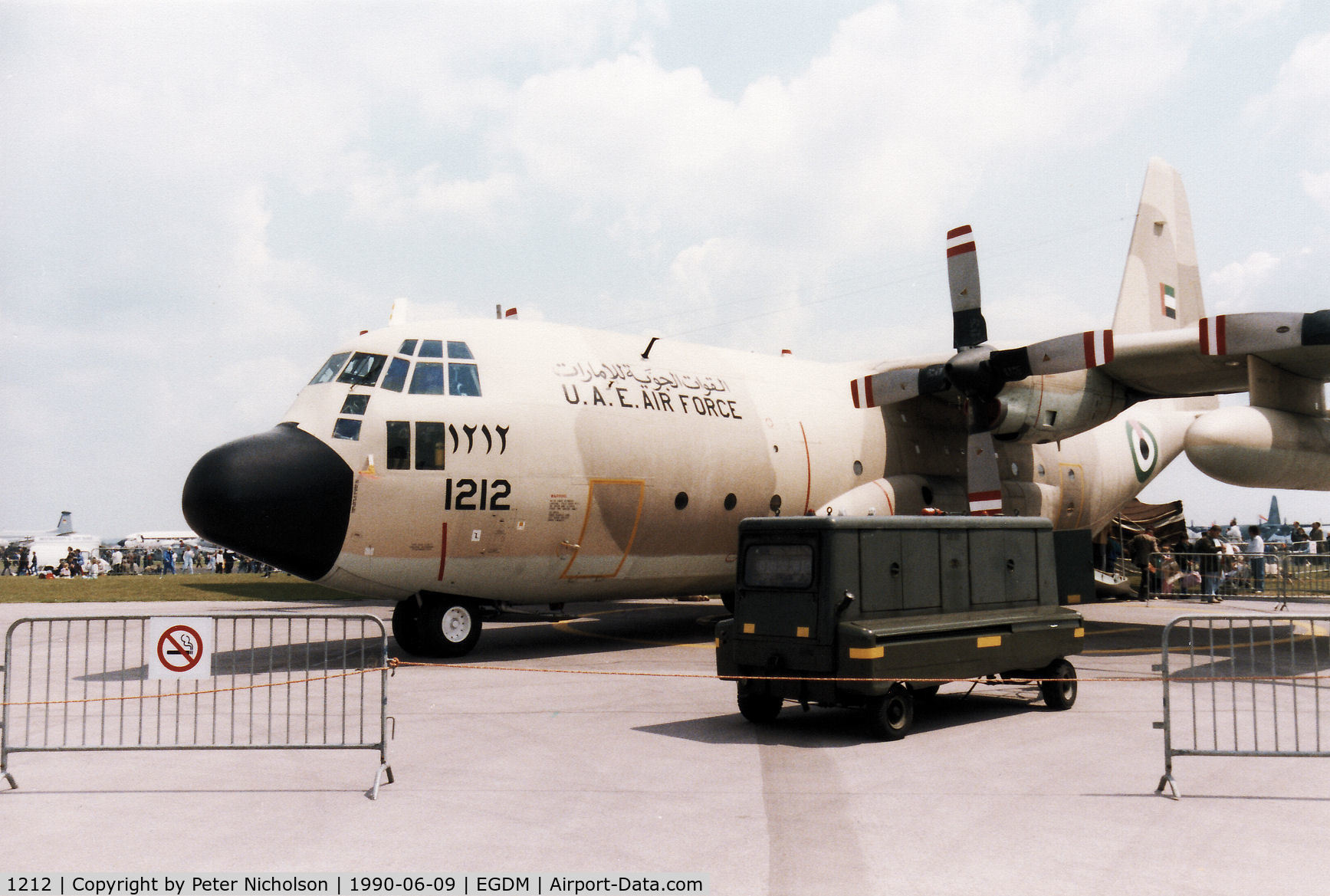 1212, 1984 Lockheed C-130H Hercules C/N 382-4985, C-130H Hercules, callsign Uniforce 1212, of the United Emirates Air Force on display at the 1990 Boscombe Down Battle of Britain 50th Anniversary Airshow.