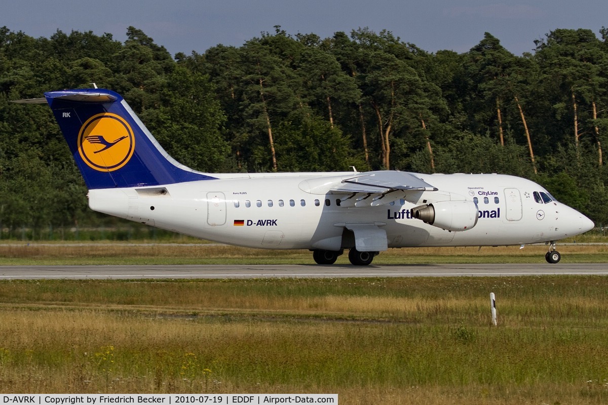 D-AVRK, 1996 British Aerospace Avro 146-RJ85 C/N E.2278, departing via RW18W