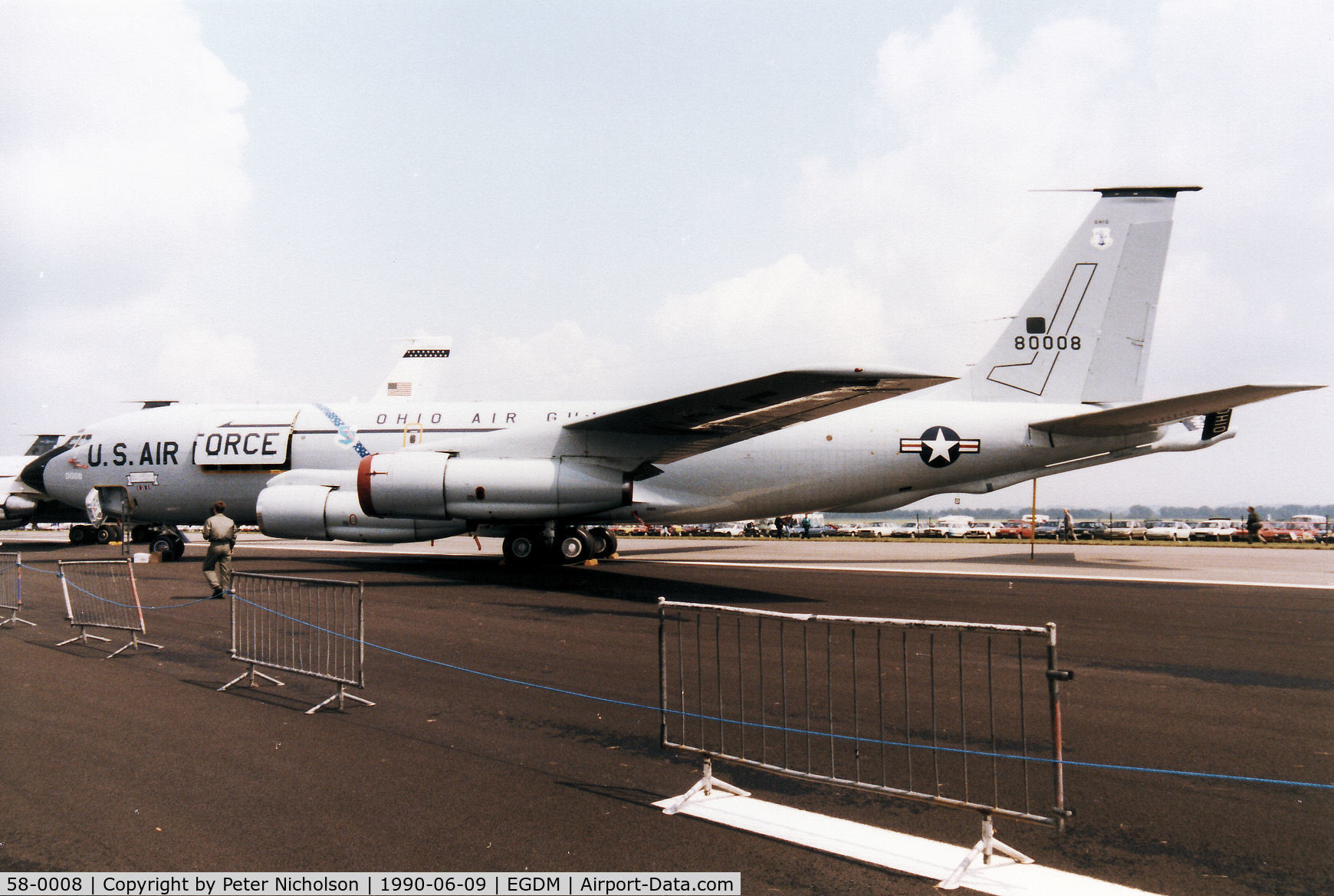 58-0008, 1958 Boeing KC-135E Stratotanker C/N 17753, Another view of Pearl 77 of the Ohio Air National Guard's 145th Air Refuelling Squadron on display at the 1990 Boscombe Down Battle of Britain 50th Anniversary Airshow.