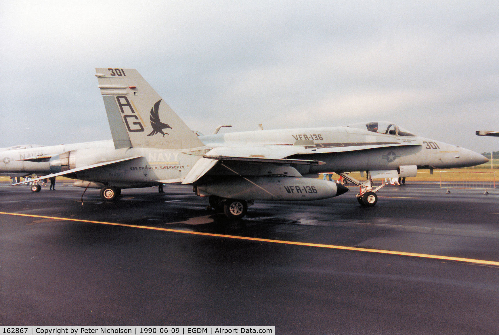 162867, McDonnell Douglas F/A-18A Hornet C/N 0406/A338, F/A-18A Hornet of VFA-136 aboard USS Dwight D Eisenhower on display at the 1990 Boscombe Down Battle of Britain 50th Anniversary Airshow.