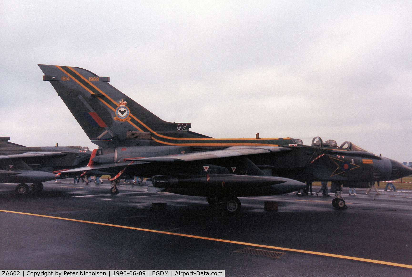 ZA602, 1982 Panavia Tornado GR.1 C/N 127/BT026/3066, Tornado GR.1, callsign Rafair 513, of 9 Squadron at RAF Bruggen in 75th anniversary markings on display at the 1990 Boscombe Down Battle of Britain 50th Anniversary Airshow.