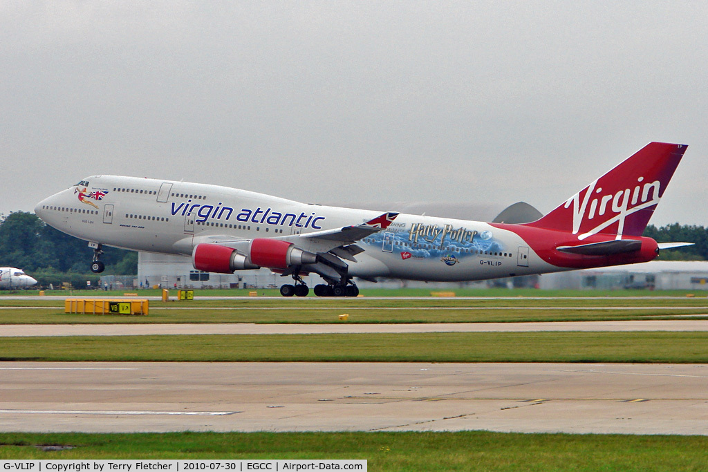 G-VLIP, 2001 Boeing 747-443 C/N 32338, Virgin Atlantic's 2001 Boeing BOEING 747-443, c/n: 32338 in Harry Potter colour scheme at Manchester UK