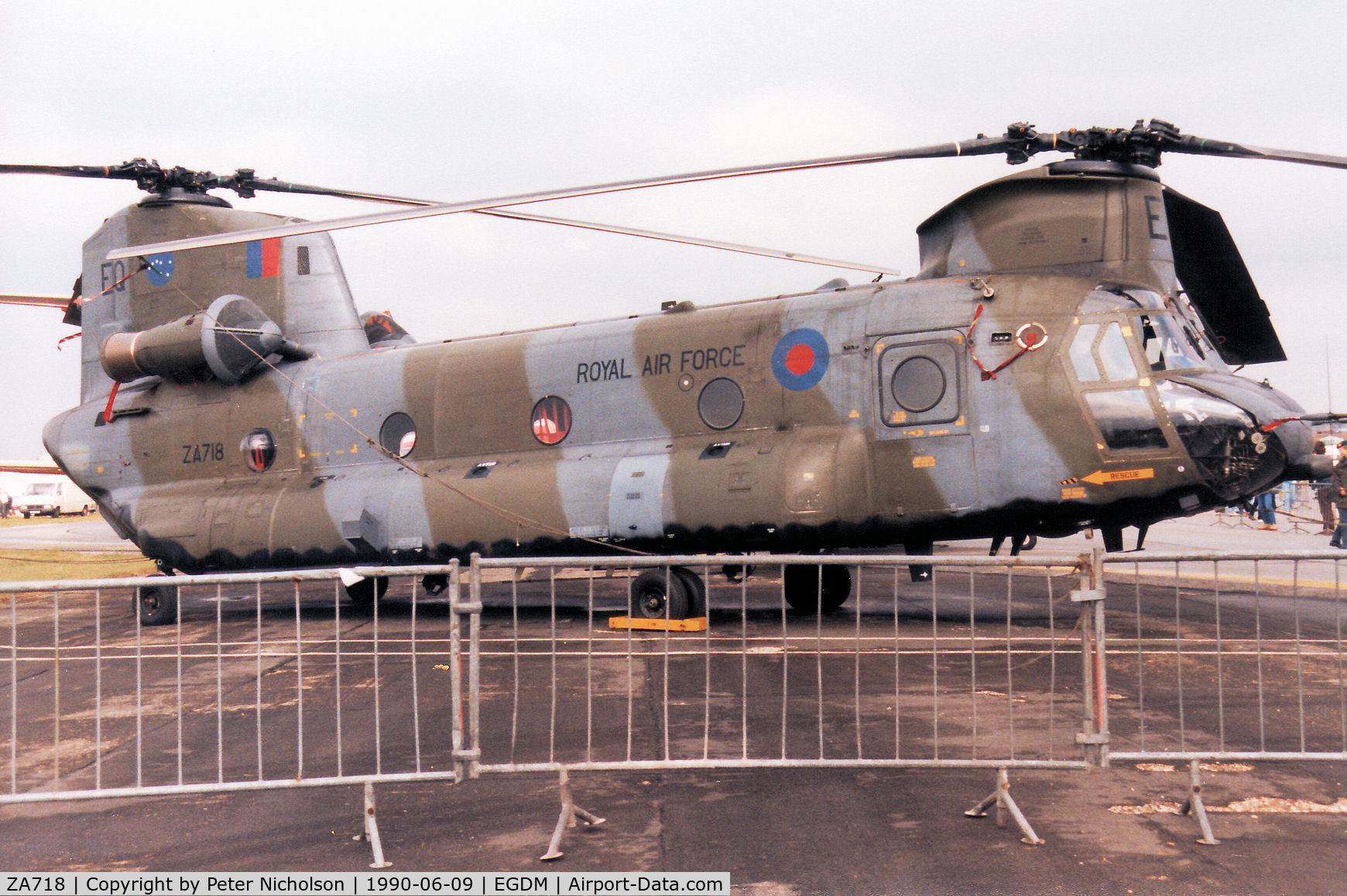 ZA718, Boeing Vertol Chinook HC.2 C/N M/A030/B-849/M7001, Chinook HC.2 of RAF Odiham's 7 Squadron on loan to the A & AEE on display at the 1990 Boscombe Down Battle of Britain 50th Anniversary Airshow.