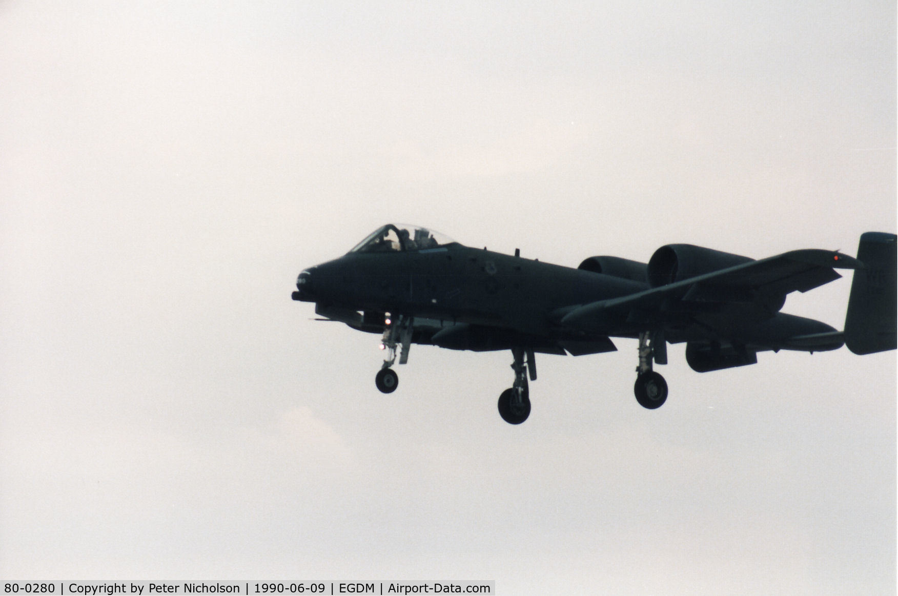 80-0280, 1980 Fairchild Republic A-10A Thunderbolt II C/N A10-0630, A-10A Thunderbolt, callsign Bison 34, of 91st Tactical Fighter Squadron/81st Tactical Fighter Wing landing at the 1990 Boscombe Down Battle of Britain 50th Anniversary Airshow.