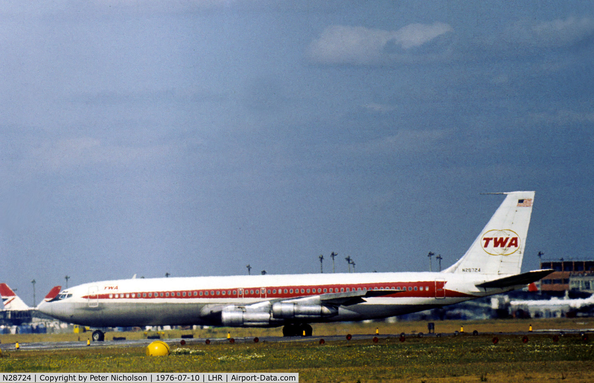 N28724, 1968 Boeing 707-331B C/N 19570, Boeing 707-331B of Trans World Airlines turning onto the active runway at London Heathrow in the Summer of 1976.