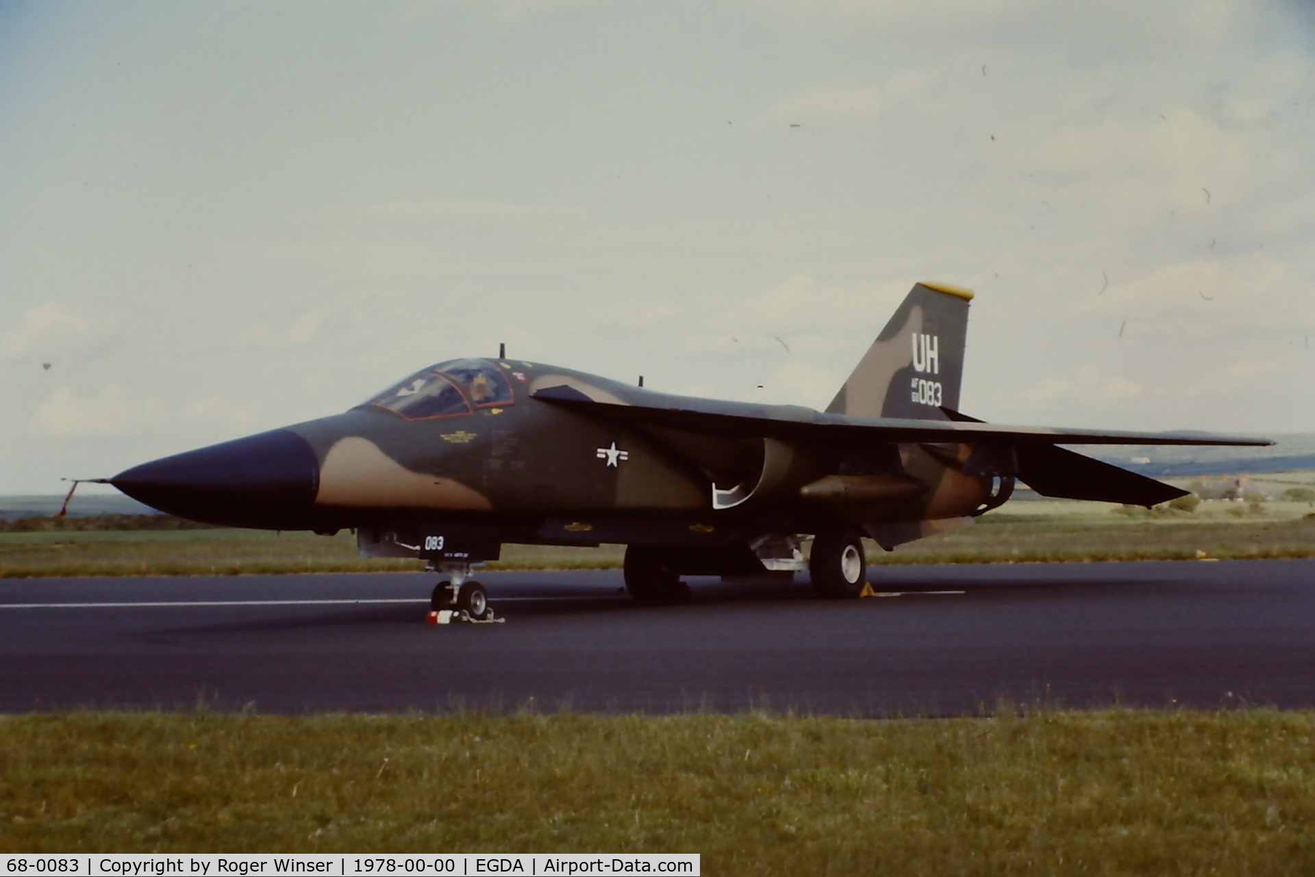 68-0083, 1968 General Dynamics F-111E Aardvark C/N A1-262, Marked UH/68-083 of the 20th TFW based at RAF Upper Heyford. On display at a RAF Brawdy Air Day in the 1970's. Date is estimated.