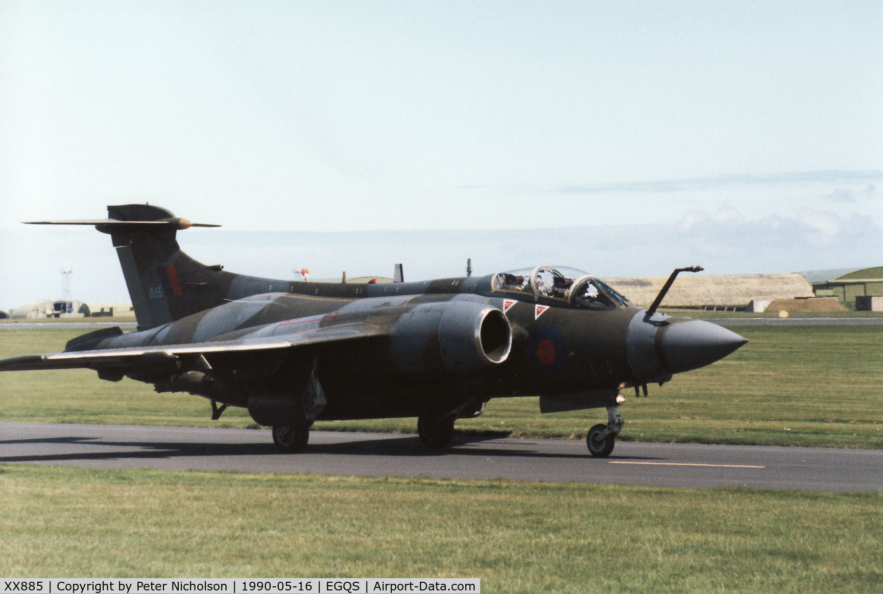 XX885, 1974 Hawker Siddeley Buccaneer S.2B C/N B3-01-73, Buccaneer S.2B of 12 Squadron taxying to the active runway at RAF Lossiemouth in May 1990.