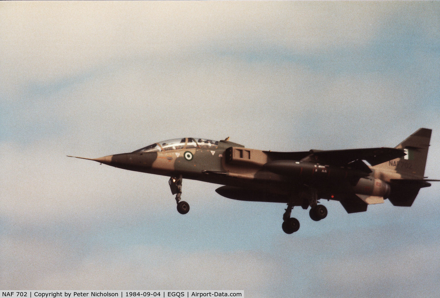 NAF 702, Sepecat Jaguar BN C/N B(N).03, Jaguar BN of the Nigerian Air Force on a training flight to RAF Lossiemouth in September 1984.