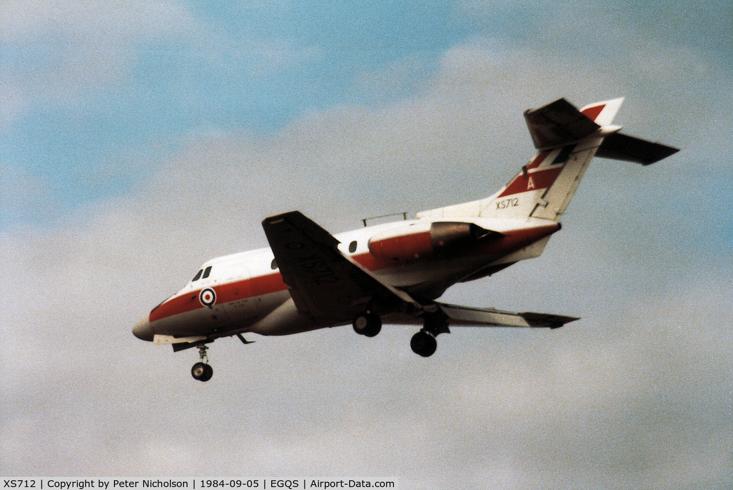 XS712, 1965 Hawker Siddeley HS.125 Dominie T.1 C/N 25040, Dominie T.1, callsign FYY 41, of RAF Finningley's 6 Flying Training School landing at RAF Lossiemouth in September 1984.