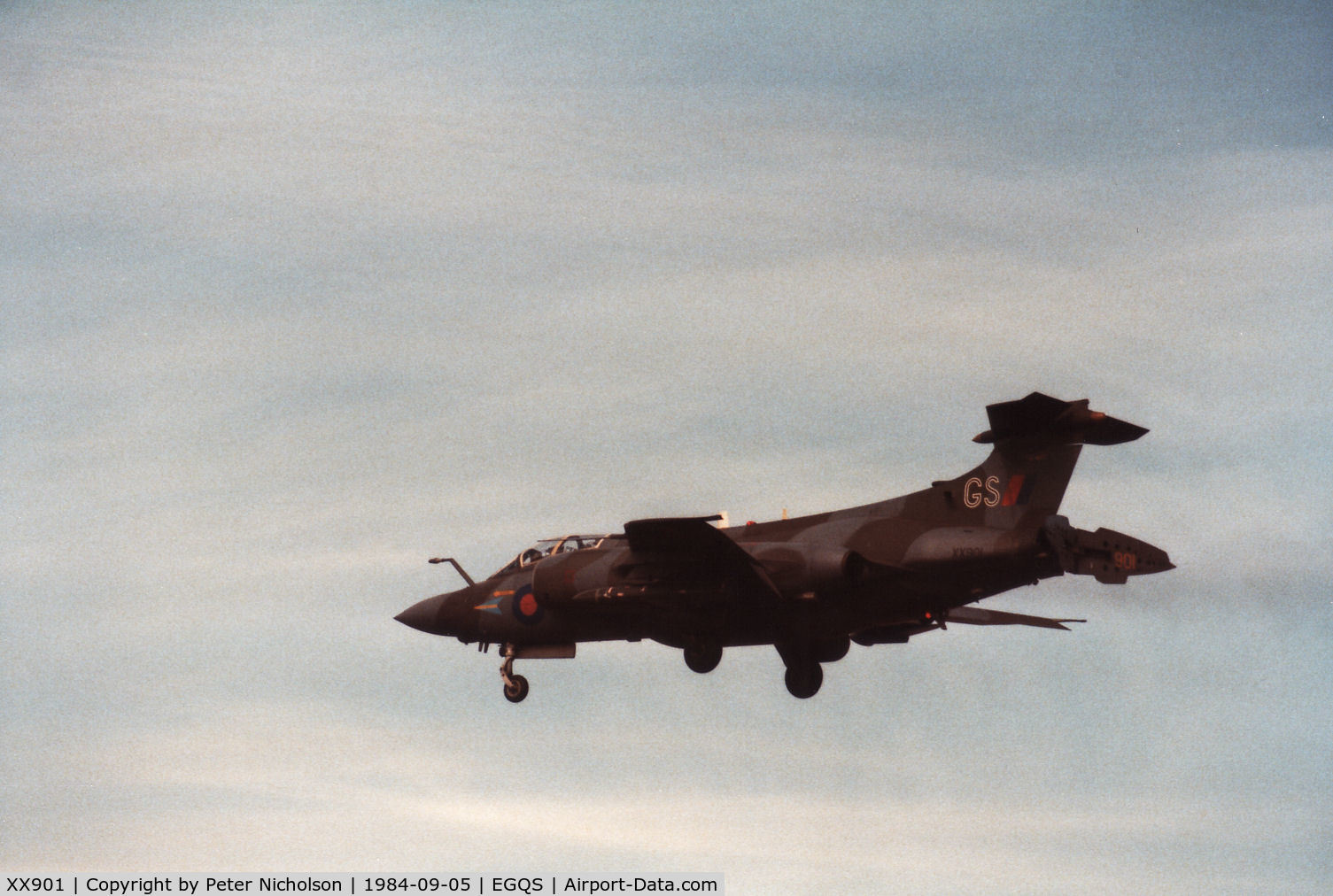 XX901, 1977 Hawker Siddeley Buccaneer S.2B C/N B3-06-75, Buccaneer S.2B of 208 Squadron with the air brake deployed landing at RAF Lossiemouth in September 1984.