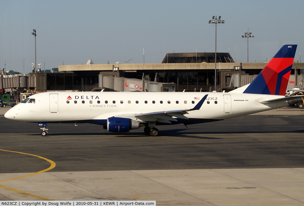 N623CZ, 2008 Embraer 175LR (ERJ-170-200LR) C/N 17000221, Now in Delta Connection paint leaving Terminal B at Newark Liberty in New Jersey.