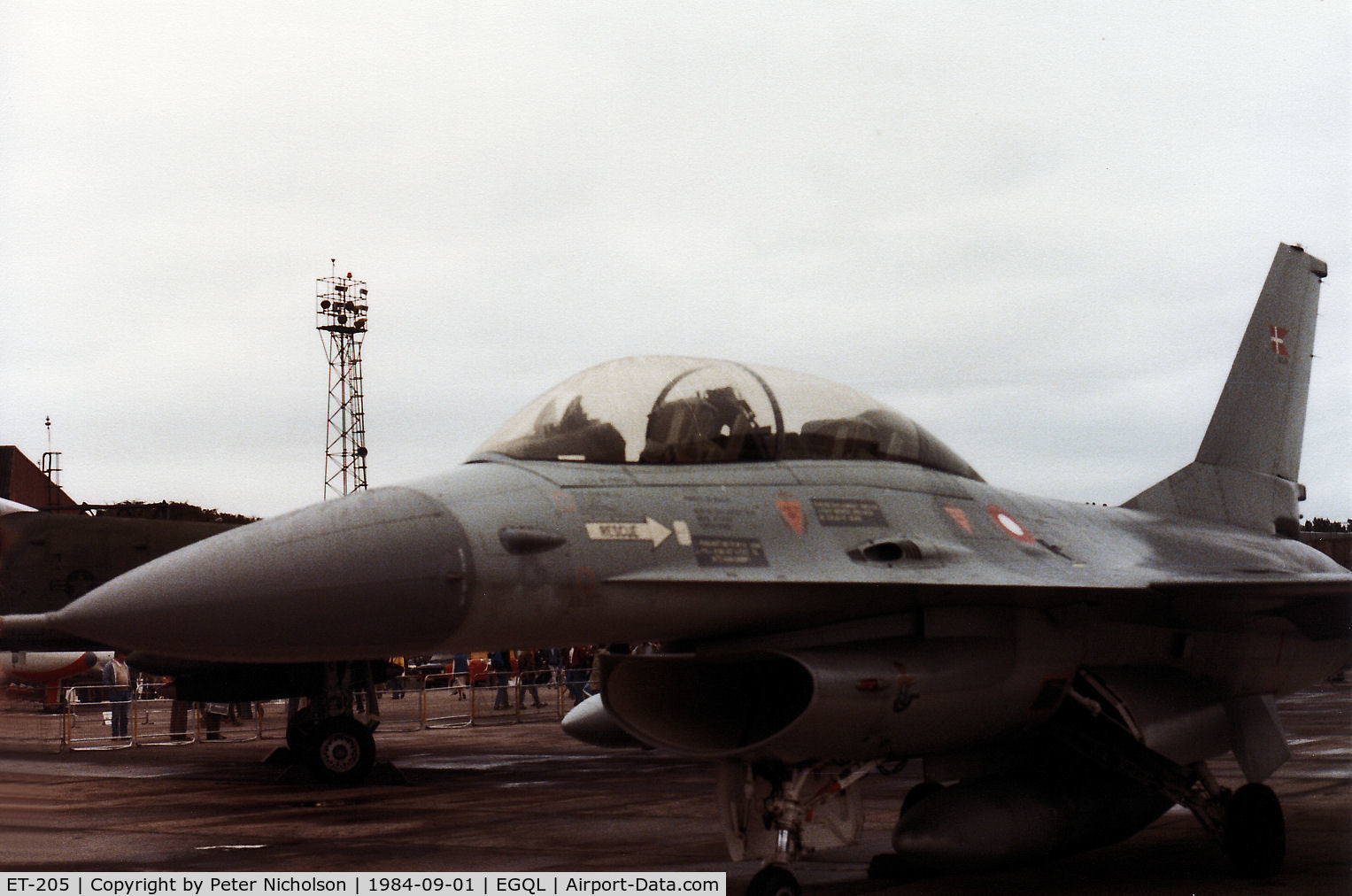 ET-205, 1980 SABCA F-16B Fighting Falcon C/N 6G-2, Another view of the Royal Danish Air Force F-16B of Esk 730 on display at the 1984 RAF Leuchars Airshow.