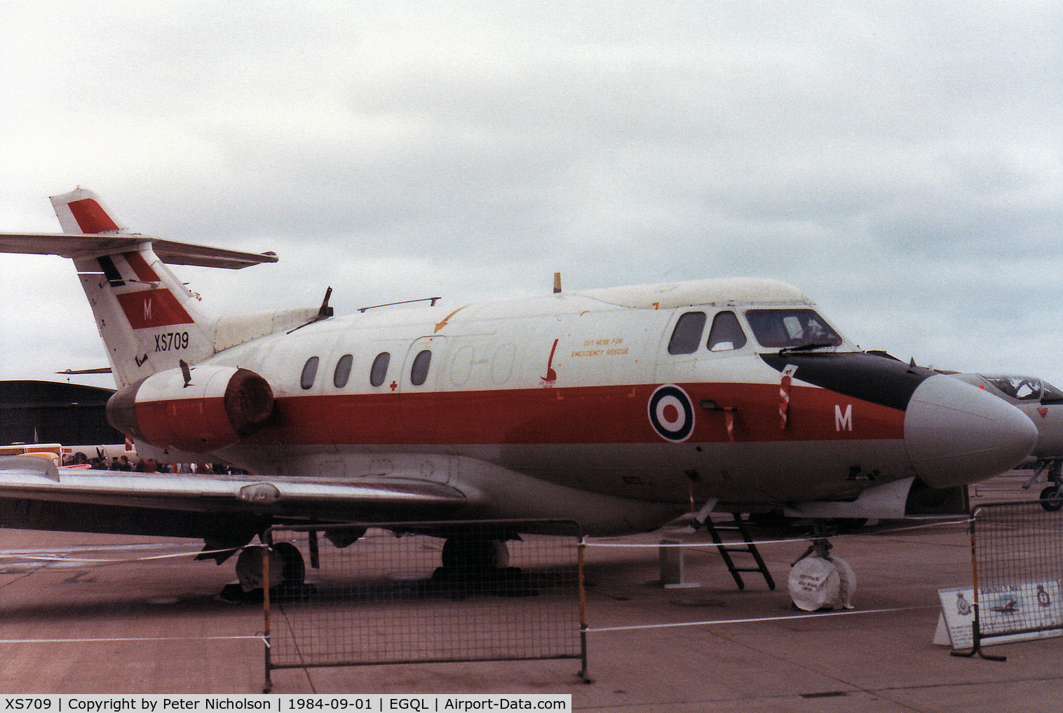 XS709, 1964 Hawker Siddeley HS.125 Dominie T.1 C/N 25011, Dominie T.1 of 6 Flying Training School at RAF Finningley on display at the 1984 RAF Leuchars Airshow.