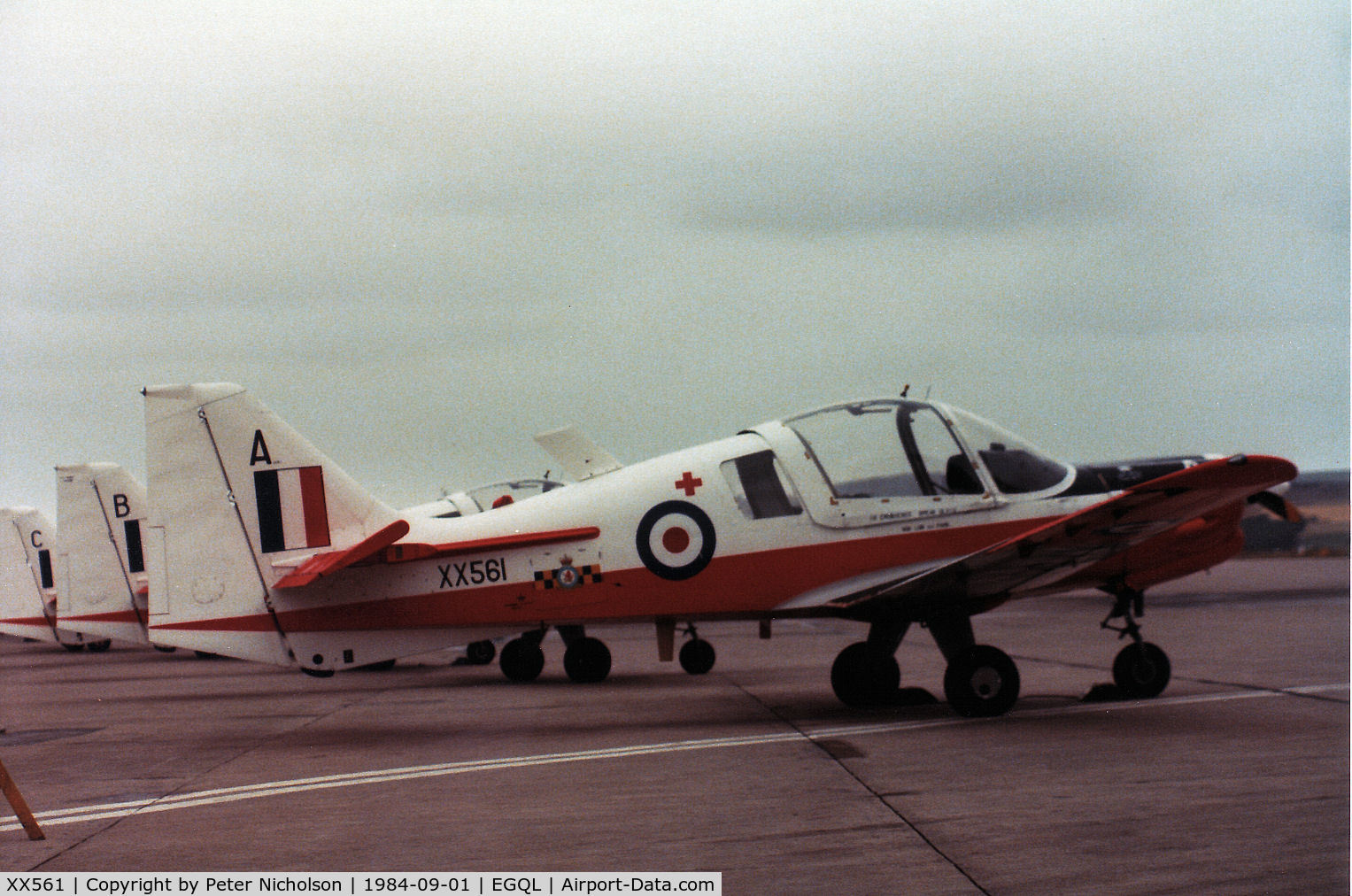 XX561, 1974 Scottish Aviation Bulldog T.1 C/N BH120/257, Bulldog T.1 of Aberdeen, Dundee & St. Andrews University Air Squadron on display at the 1984 RAF Leuchars Airshow.