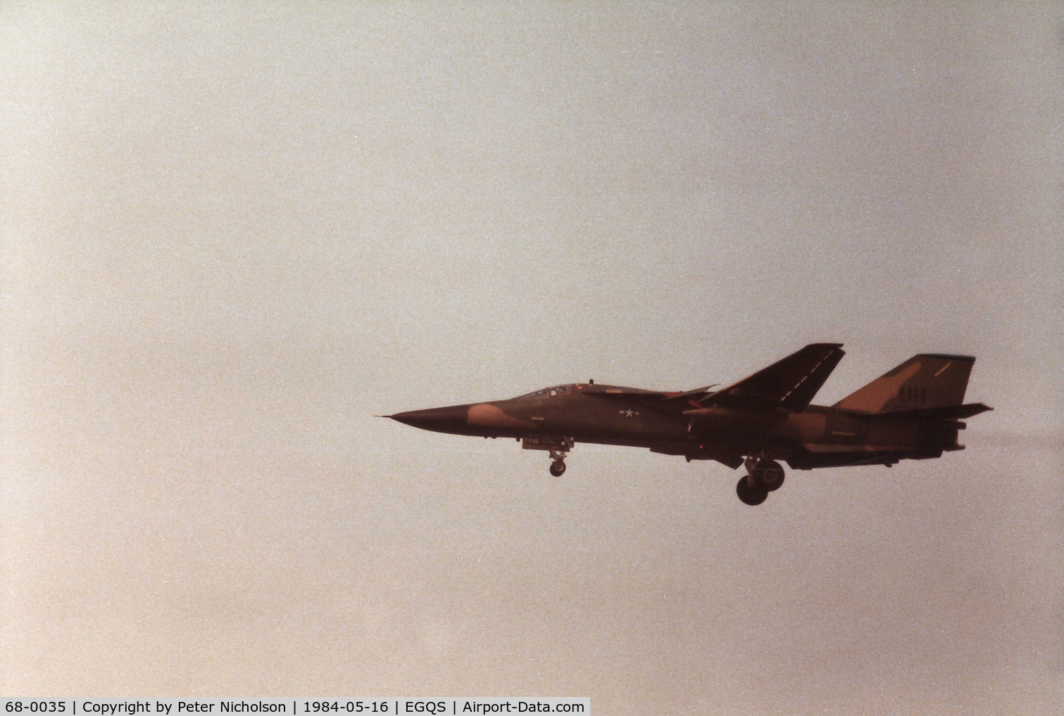68-0035, 1968 General Dynamics F-111E Aardvark C/N A1-204, F-111E  of the 55th Tactical Fighter Squadron/20th Tactical Fighter Wing at RAF Upper Heyford on a practice approach to RAF Lossiemouth in May 1984.