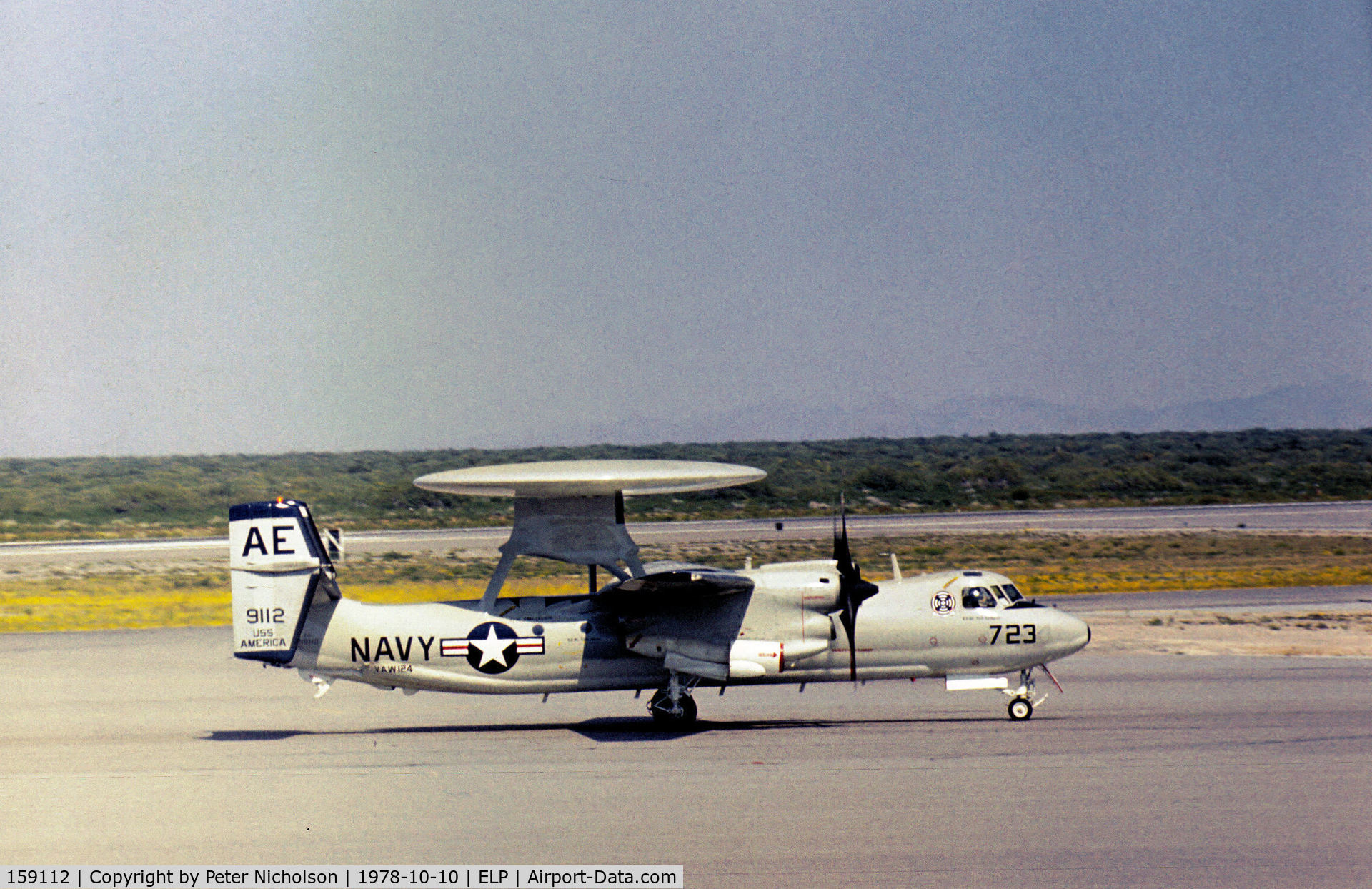 159112, Grumman E-2C Hawkeye C/N A019, E-2C Hawkeye of VAW-124 aboard USS America passing through El Paso in October 1978.