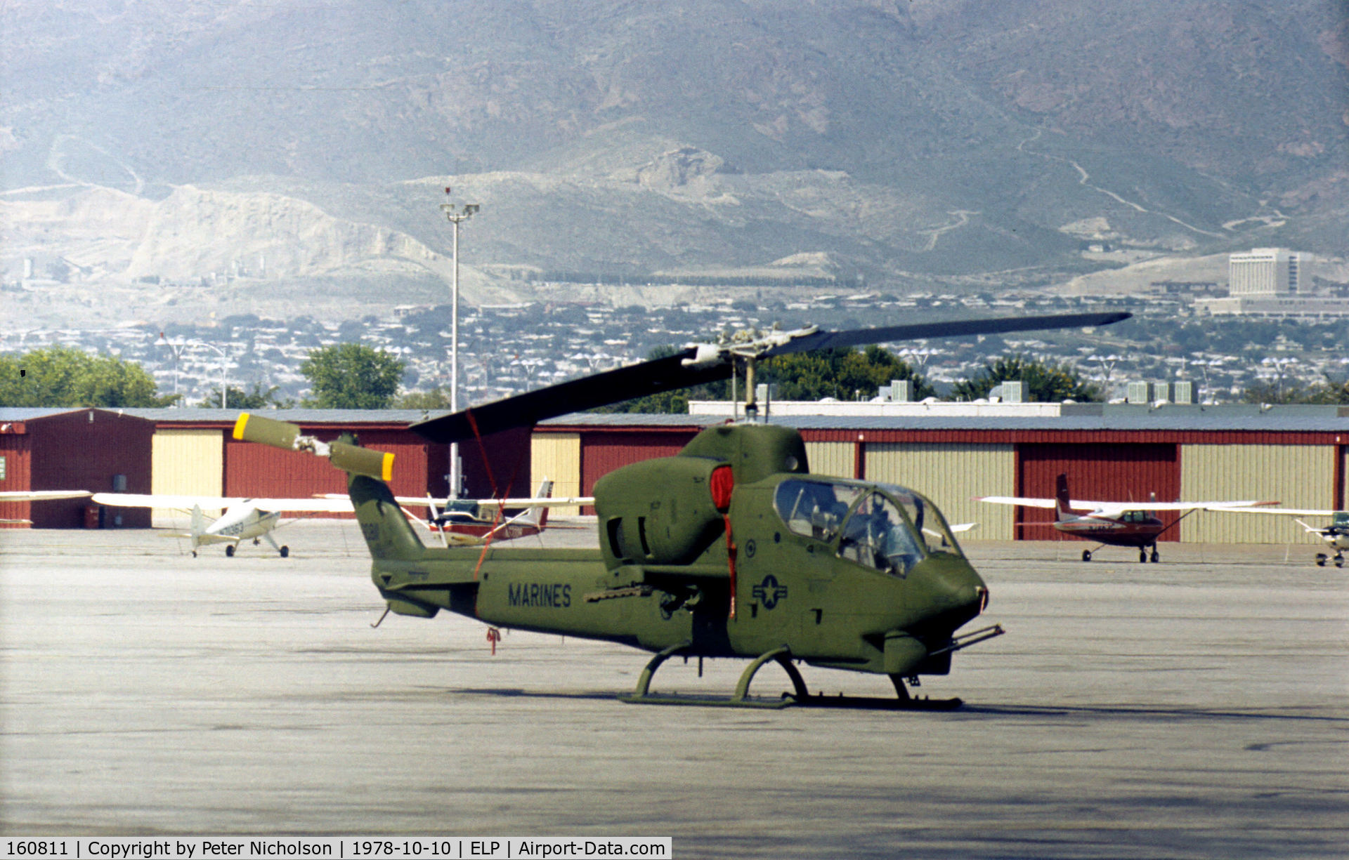160811, Bell AH-1T SeaCobra C/N 26933, USMC AH-1T Sea Cobra seen at El Paso in October 1978.  If anyone knows the Squadron identity, I would appreciate it. Thanks to Brad Bailey in September 2011 I now know the unit was HMA-169 based at Camp Pendleton, California.
