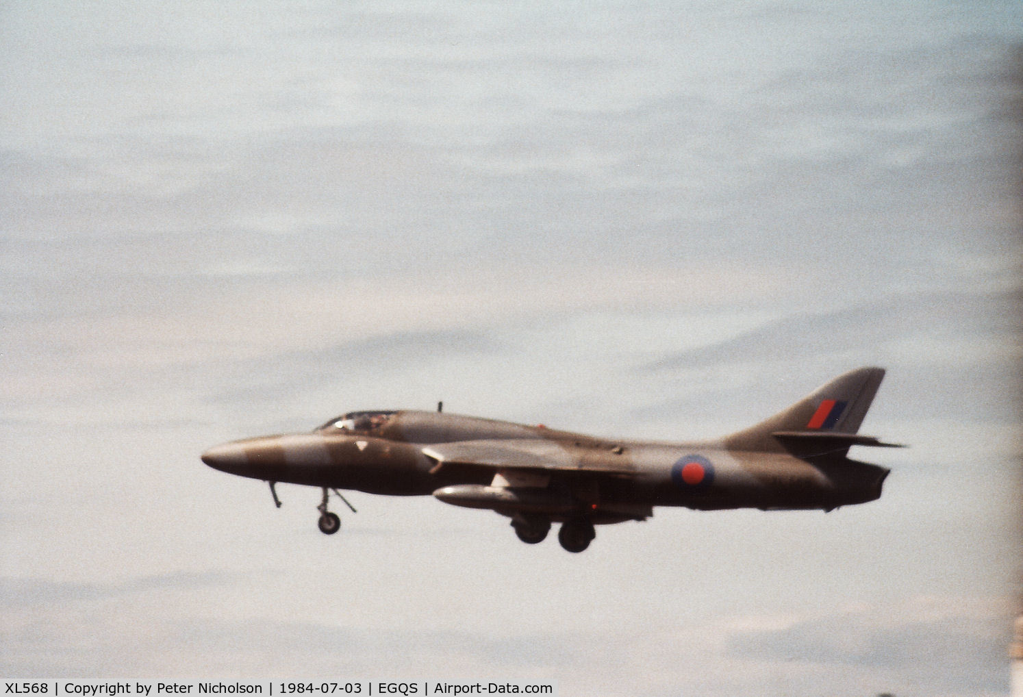 XL568, 1958 Hawker Hunter T.7A C/N 41H-693719, Hunter T.7A of 12 Squadron on final approach to RAF Lossiemouth in the Summer of 1984.