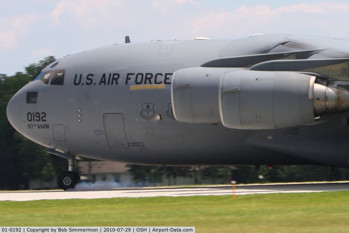 01-0192, 2001 Boeing C-17A Globemaster III C/N P-92, Nose wheel touchdown.  Arriving at Airventure 2010 - Oshkosh, Wisconsin