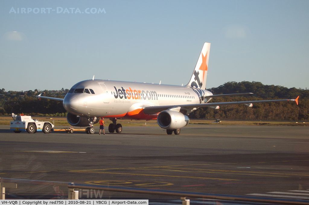 VH-VQB, 2009 Airbus A320-232 C/N 3743, This Jetstar Airbus A320-232 had just completed pushback at Coolangatta (Gold Coast) airport for departure to Newcastle, NSW.