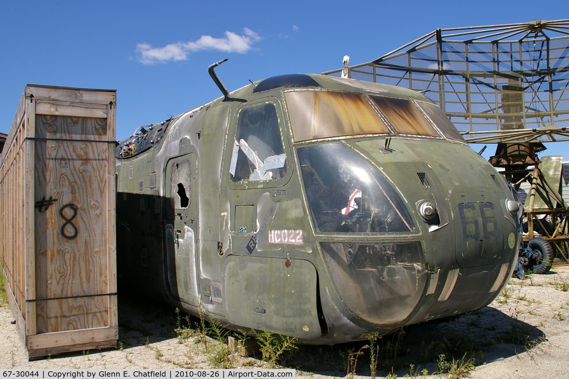 67-30044, 1967 Sikorsky CH-53A Sea Stallion C/N 65-061, This was USMC 153292, but was transferred to the Air Force.  It spent its last days training mechanics.  Now preserved, albeit in poor shape, at the Russell Military Museum