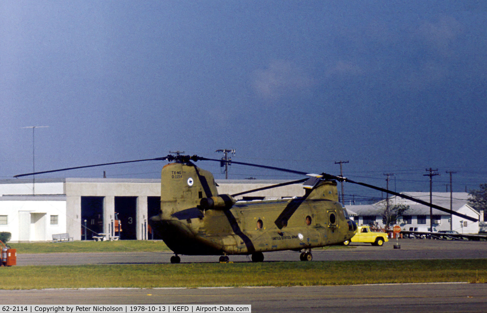 62-2114, 1962 Boeing Vertol CH-47A Chinook C/N B.030, Texas National Guard CH-47A Chinook seen at Ellington AFB in October 1978.