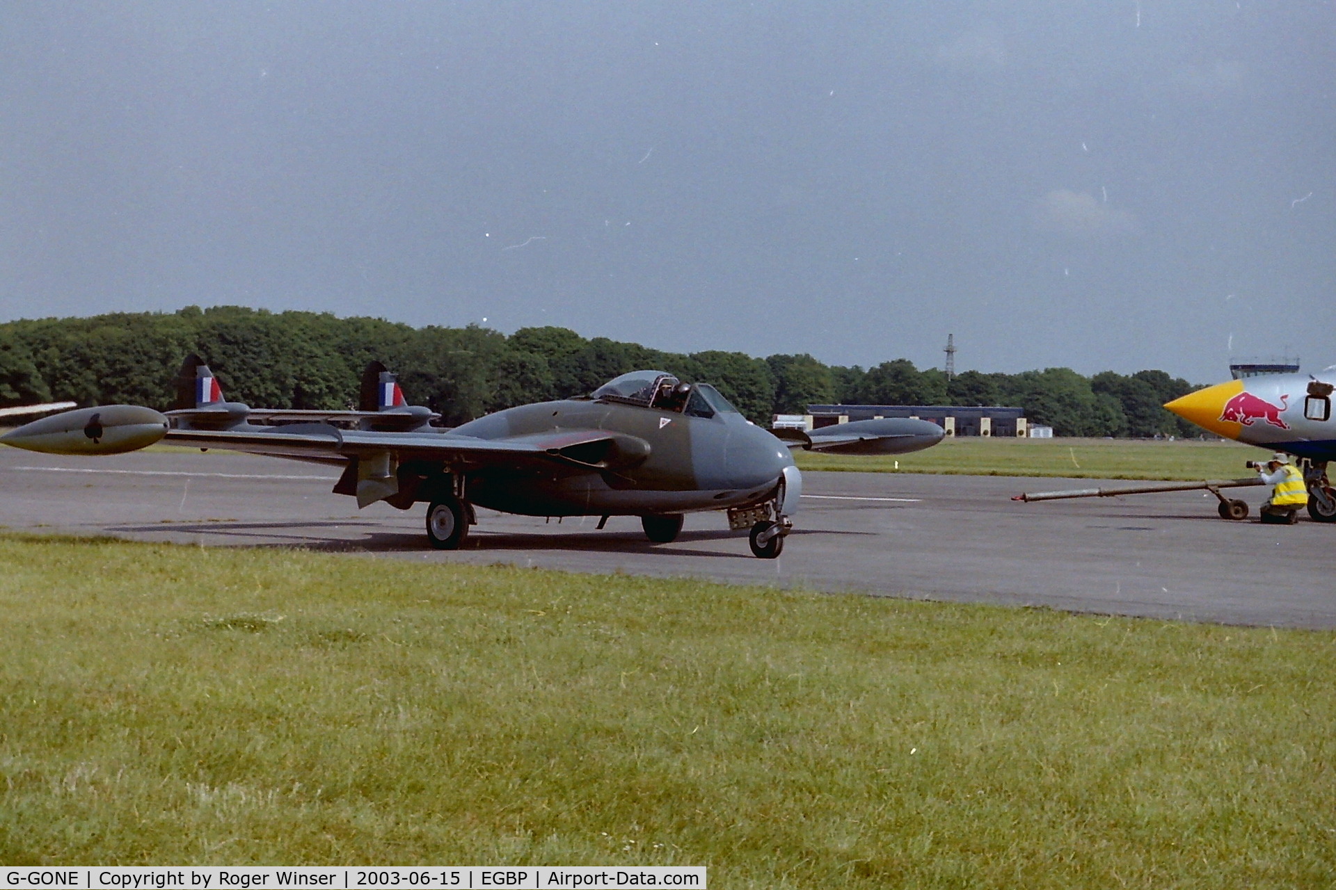 G-GONE, 1954 De Havilland (F+W Emmen) DH-112 Venom FB.50 C/N 752, Gower Jets's Venom returning to the apron after displaying with G-VENM at the Air Show in June 2003.