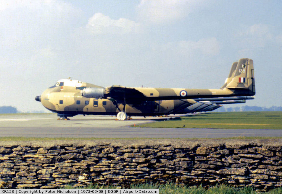 XR138, 1963 Armstrong Whitworth AW-660 Argosy C.1 C/N 6793, Argosy C.1 of 114 Squadron in storage at RAF Kemble in the Spring of 1973.