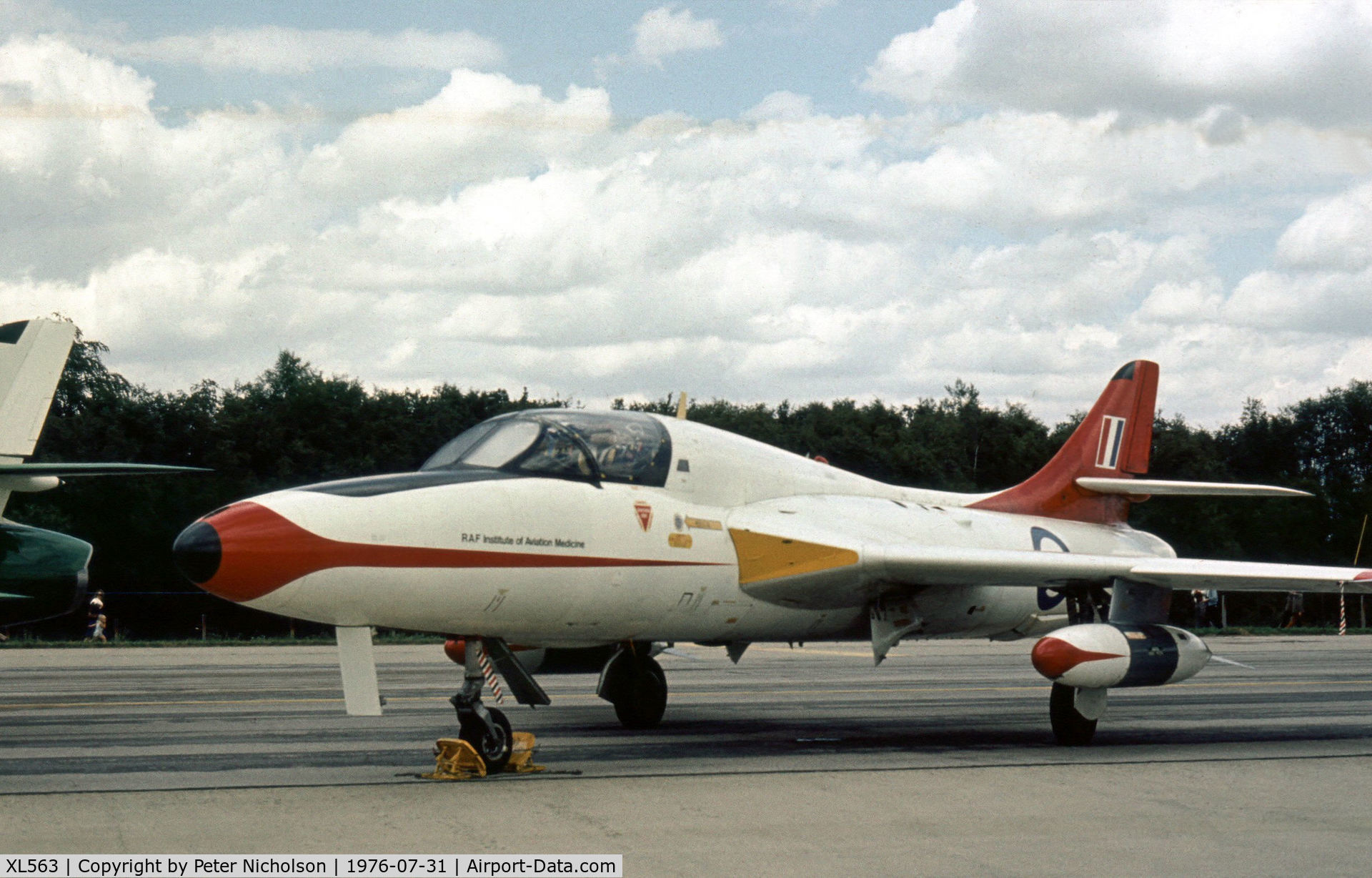 XL563, 1957 Hawker Hunter T.7 C/N 41H-693714, Hunter T.7 of the Institute of Aviation Medicine at RAE Farnborough on display at the 1976 Intnl Air Tattoo at RAF Greenham Common.