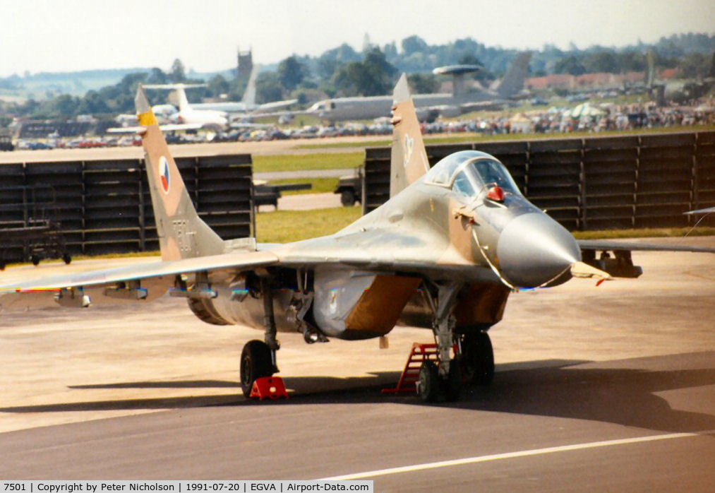 7501, Mikoyan-Gurevich MiG-29 C/N 2960526375, MiG-29 Fulcrum A of 11th Fighter Regiment Czech Air Force on the flight-line at the 1991 Intnl Air Tattoo at RAF Fairford.