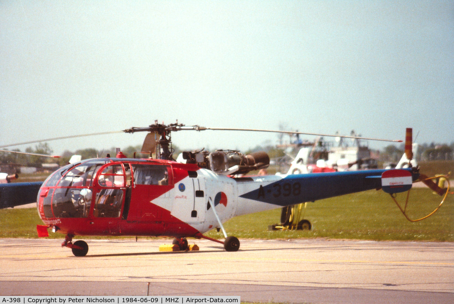 A-398, 1966 Sud Aviation SE-3160 Alouette III C/N 1398, Alouette III of the Royal Netherlands Air Force's Grasshoppers display team on the flight-line at the 1984 RAF Mildenhall Air Fete.
