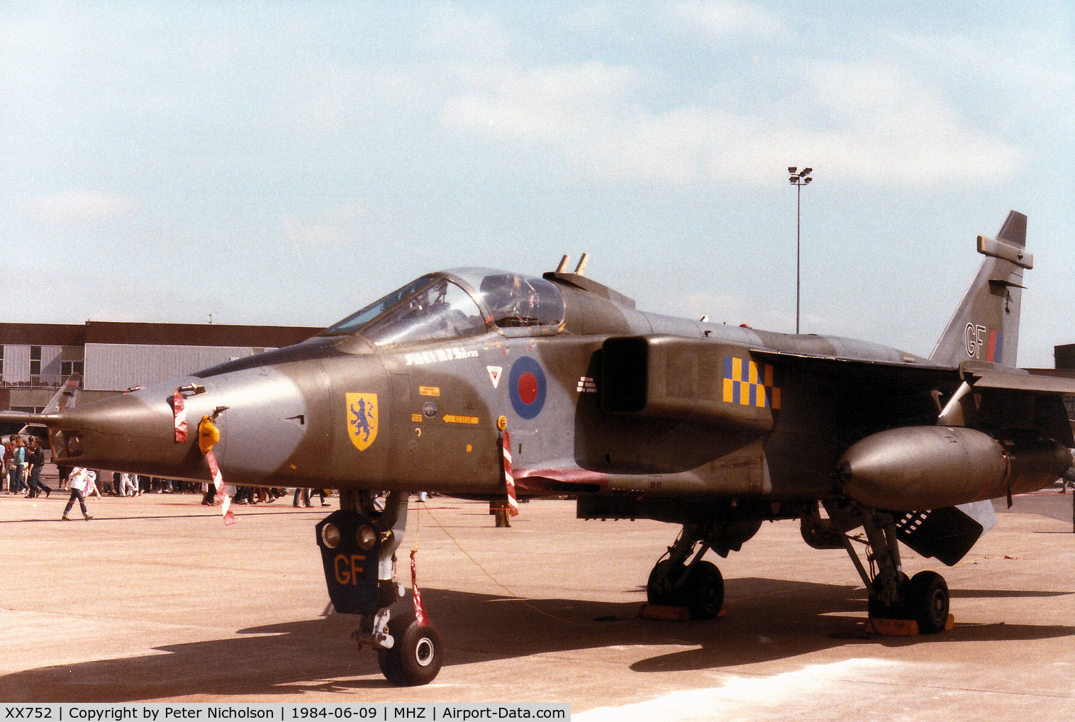 XX752, 1975 Sepecat Jaguar GR.1A C/N S.49, Another view of the Jaguar GR.1 of RAF Coltishall's 54 Squadron on display at the 1984 RAF Mildenhall Air Fete.