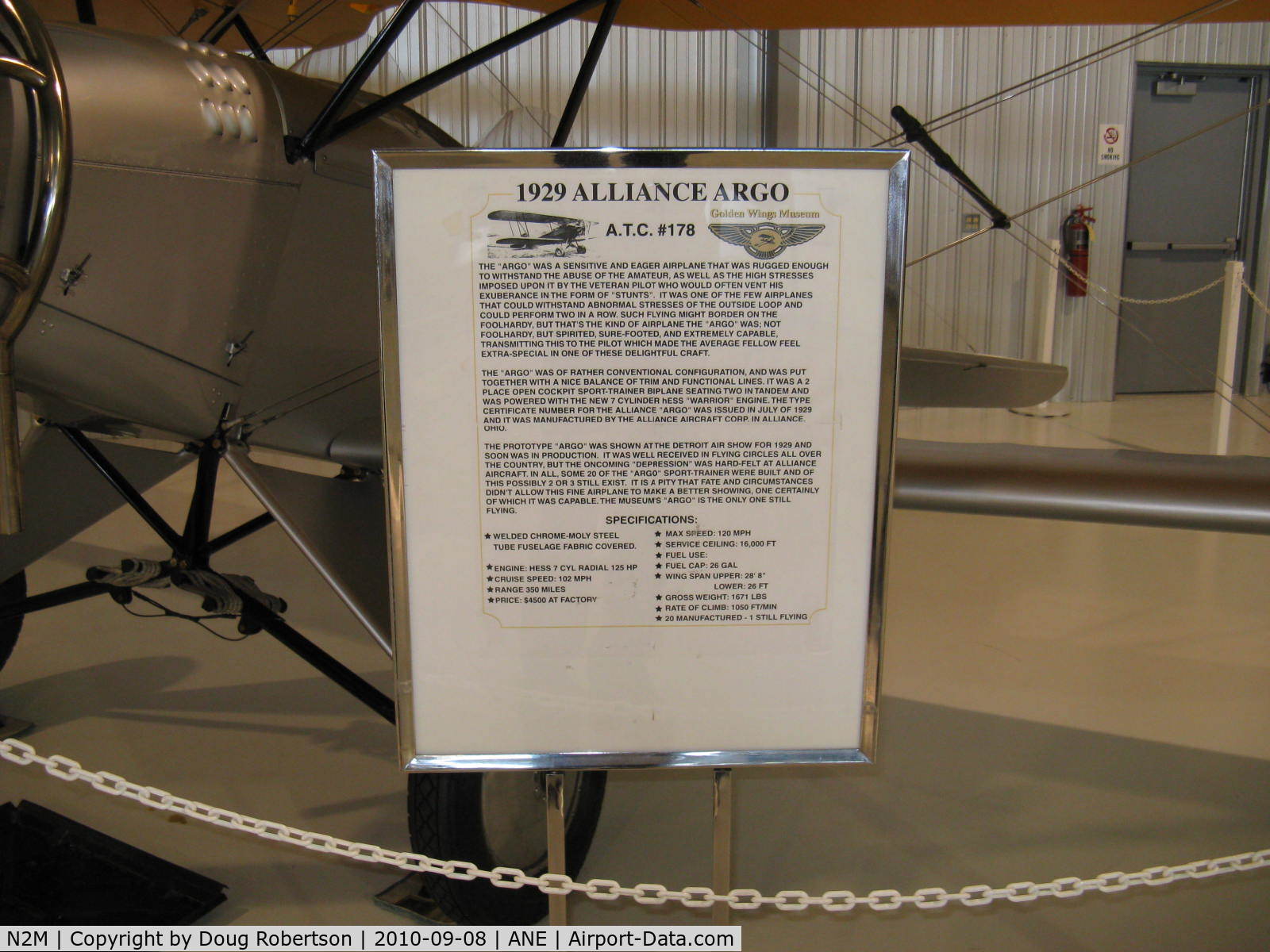 N2M, 1929 Alliance Aircraft Argo C/N 108, 1929 Alliance Aircraft A-1 ARGO, Alliance Hess WARRIOR 7 cylinder radial 125 Hp, How rare is this?-sole airworthy survivor! Data card. At Golden Wings Museum. Please select Large version for better legibility. This is worth the read!