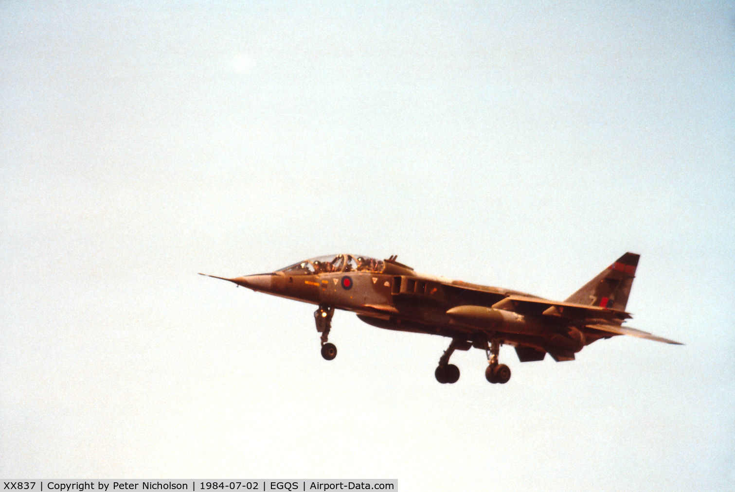 XX837, 1975 Sepecat Jaguar T.2 C/N B.25, Jaguar T.2 of 226 Operational Conversion Unit landing on Runway 23 at RAF Lossiemouth in the Summer of 1984.