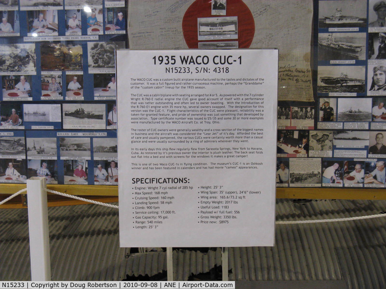 N15233, 1935 Waco CUC-1 C/N 4318, 1935 Waco CUC-1 'Wind Harp,' Wright R-760-E! 285 Hp, data, at Golden Wings Museum