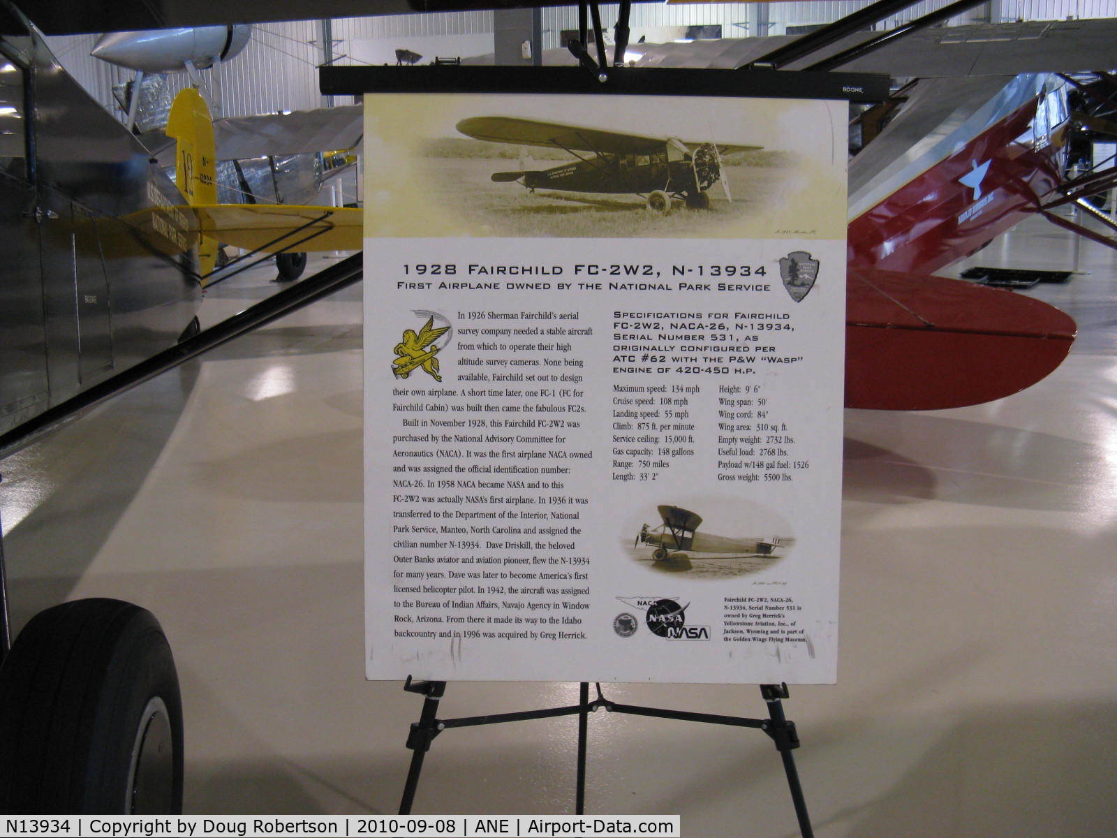 N13934, 1928 Fairchild FC-2W-2 C/N 531, 1928 Fairchild FC-2W2, P&W R-985 420 Hp, data, at Golden Wings Museum. View Large for easy reading.