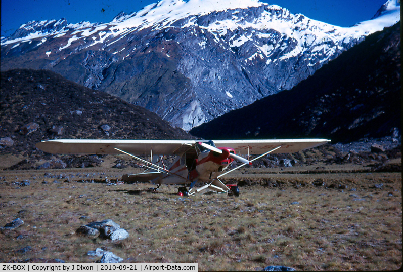 ZK-BOX, Piper PA-18A-150 Super Cub C/N 18-6243, ZK-BOX on Douglas airstrip, Karangarua River,
early 70s