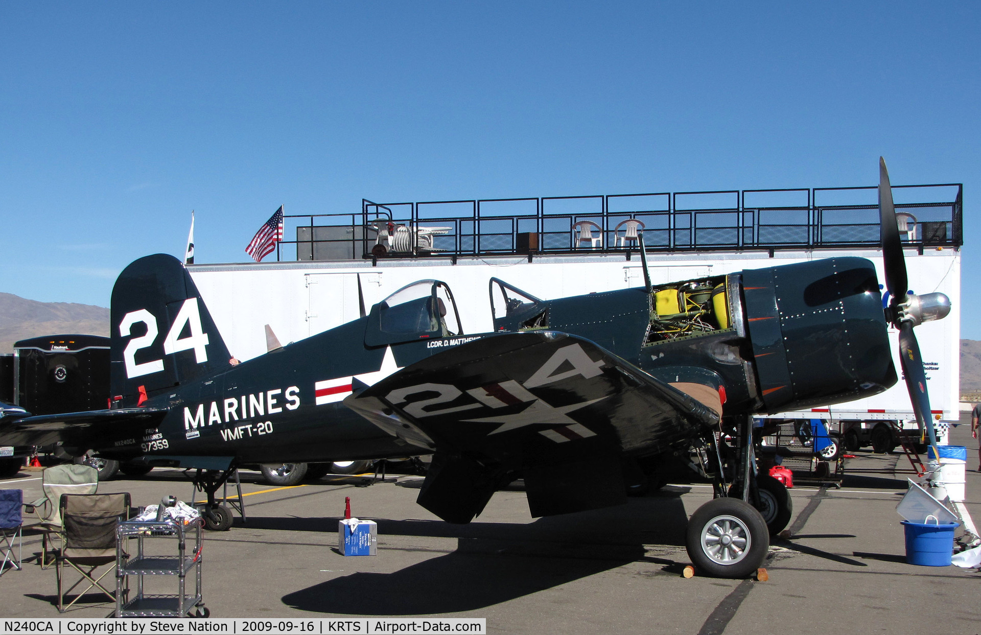 N240CA, 1945 Vought F4U-4 Corsair C/N 9513, Race #24 F4U-4 BuAer 97359 VMFT-20 Marines being worked on pits as NX240CA for Unlimited Class race @ 2009 Reno Air Races