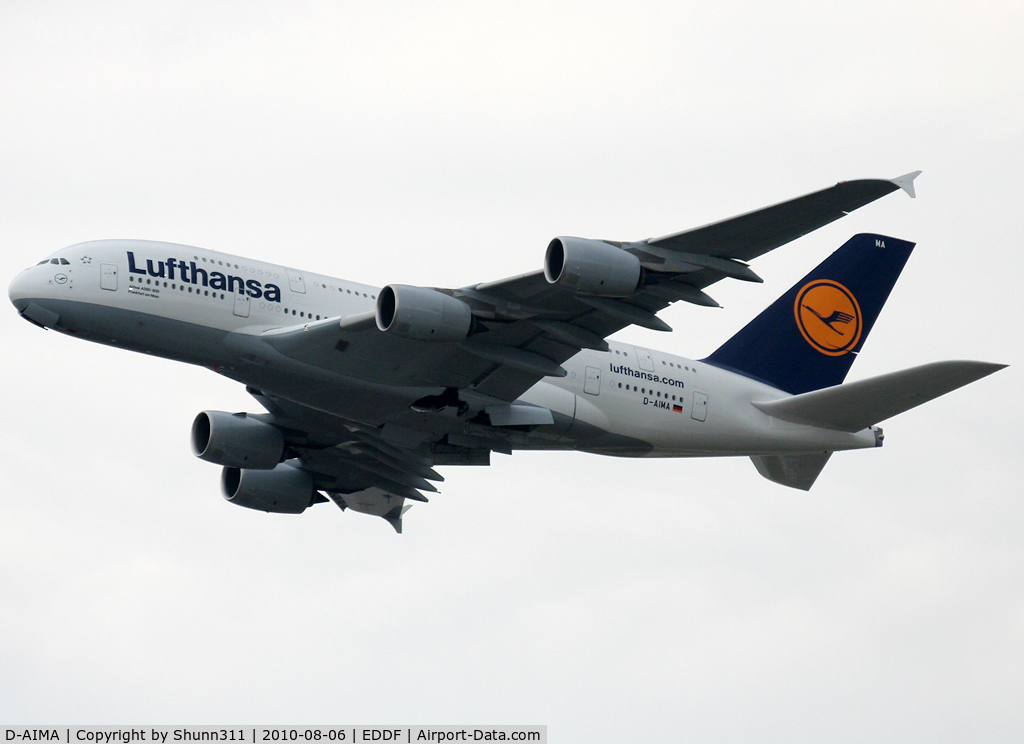 D-AIMA, 2010 Airbus A380-841 C/N 038, Taking off rwy 25R
