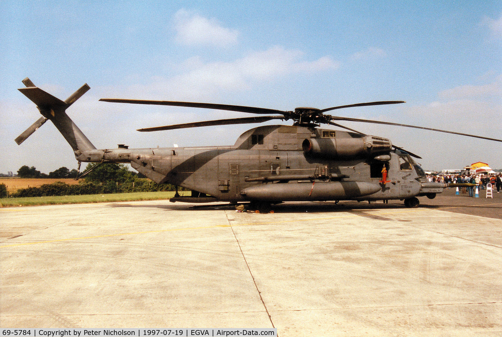 69-5784, 1969 Sikorsky MH-53J Pave Low III C/N 65-232, Pave Low III, callsign Pave 55, of RAF Mildenhall's 21st Special Operations Squadron on display at the 1997 Intnl Air Tattoo at RAF Fairford.