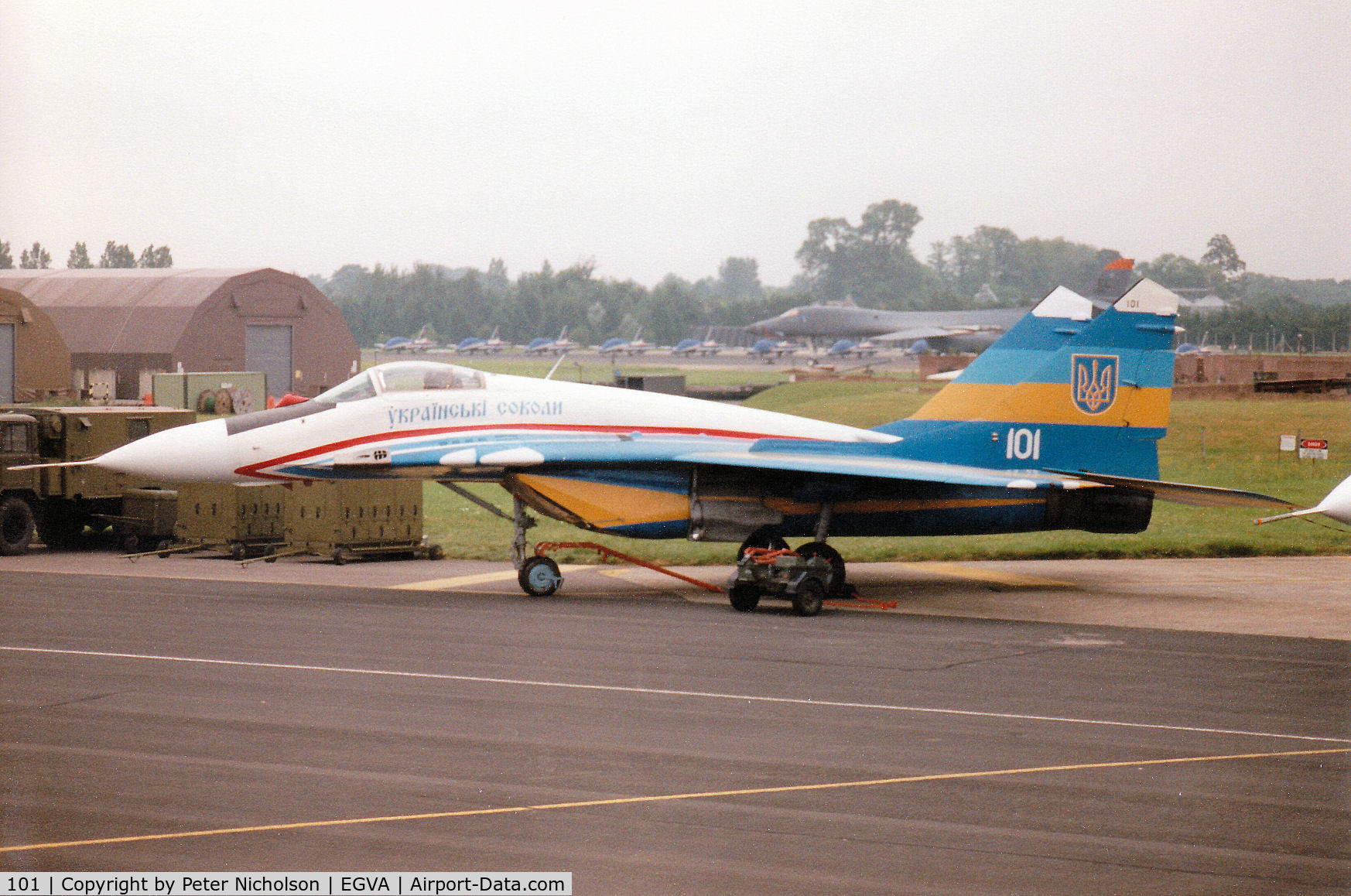 101, Mikoyan-Gurevich MiG-29A C/N 31222, MiG-29A Fulcrum of the Ukranian Falcons display team on the flight-line at the 1997 Intnl Air Tattoo at RAF Fairford.