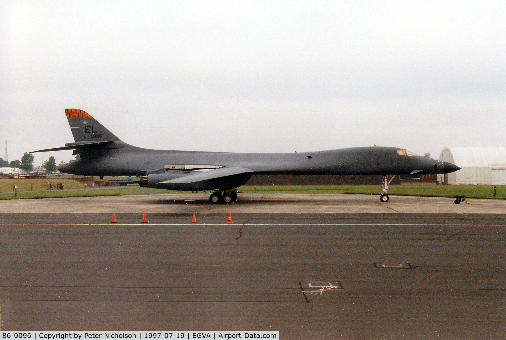 86-0096, 1986 Rockwell B-1B Lancer C/N 56, B-1B Lancer, callsign Tiger 02, of 37th Bomb Squadron/28th Bombardment Wing at Ellsworth AFB on the flight-line at the 1997 Intnl Air Tattoo at RAF Fairford.